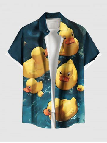 Plus Size Cute Duck Pond Print Hawaii Ombre Button Pocket Shirt For Men - GREEN - 5XL