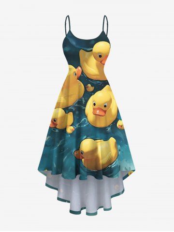 Plus Size Cute Duck Pond Print Hawaii Ombre High Low Asymmetric Cami Dress - GREEN - 1X