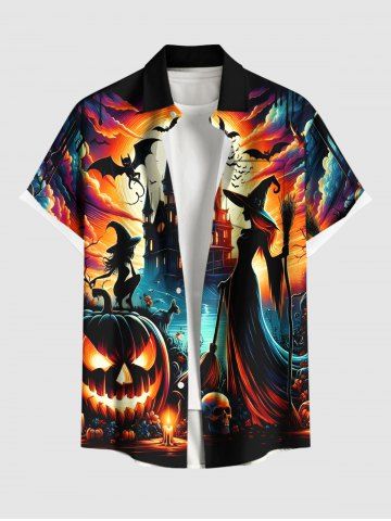 Plus Size Pumpkin Lantern Skull Wizard Bat Castle Moon Print Halloween Button Pocket Shirt For Men - ORANGE - L