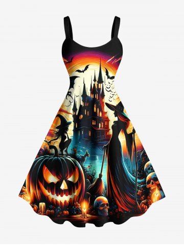 Plus Size Pumpkin Lantern Skull Wizard Bat Castle Moon Print Halloween A Line Tank Dress - ORANGE - M