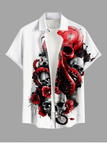 Plus Size Ink Painting Skull Octopus Flower Print Halloween Button Pocket Shirt For Men - WHITE - L