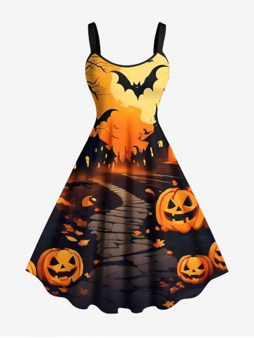 Plus Size Pumpkin Bat Tree Castle Print Halloween A Line Tank Dress - ORANGE - XXS