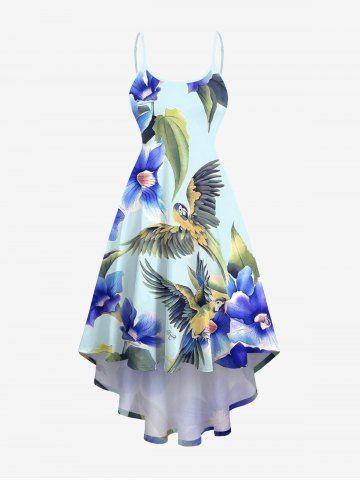 Plus Size Hibiscus Flower Leaf Parrot Print Hawaii High Low Asymmetric Cami Dress - LIGHT BLUE - 5X