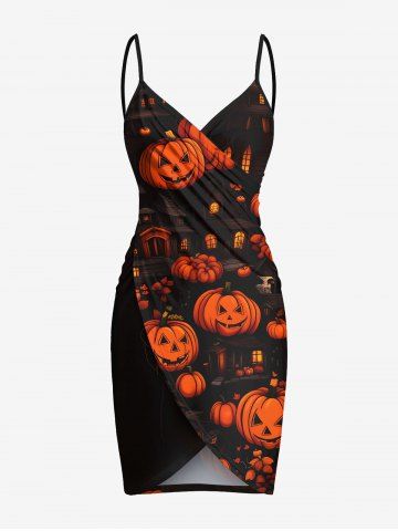 Plus Size Pumpkin Lantern House Print Halloween Convertible Beach Cover Up - BLACK - 6X
