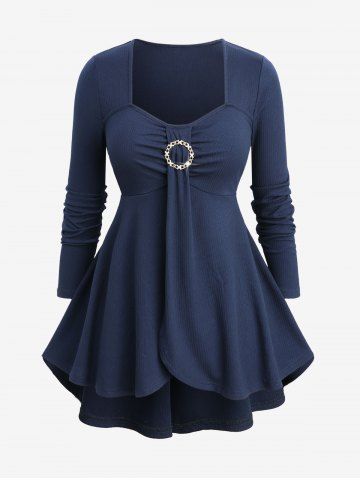 Plus Size Ruched Buckle Tulip Hem Long Sleeves Textured Top - DEEP BLUE - M | US 10