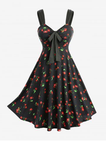 Cherry Leaf Print Tie Bowknot Ruched Panel Tank Dress - BLACK - L