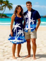 Coconut Tree Sea Waves Paint Splatter Print Plus Size Matching Hawaii Beach Outfit For Couples -  