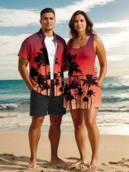 Ensemble chemise et barboteuse hawaïennes assorties, tenue de plage grande taille, imprimé ombré cocotier, pour couples - Orange 
