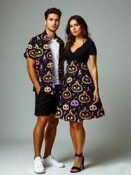 Halloween Pumpkin Candles Star Print ​Plus Size Matching Outfit For Couples -  