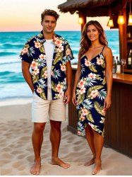 Tenue de plage hawaïenne assortie grande taille à imprimé feuilles tropicales et fleurs d'hibiscus pour couples - Noir 