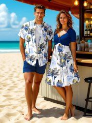 Lotus Flower Print Plus Size Matching Hawaii Beach Outfit For Couples -  