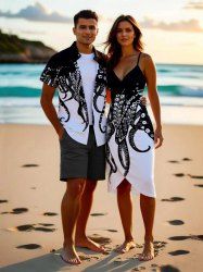 Octopus Two Tone Print Plus Size Matching Hawaii Beach Outfit For Couples -  