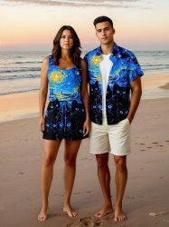 Matching Hawaii Shirt and Romper Plus Size Beach Outfit Cat Sea Waves Painting Galaxy Print For Couples -  