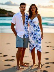 Hibiscus Flower Leaf Print Plus Size Matching Hawaii Beach Outfit For Couples -  