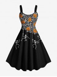 Plus Size Halloween Pumpkin Spider Web Skeleton Print Tank Dress -  