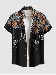 Plus Size Halloween Pumpkin Spider Web Skeleton Print Buttons Pocket Shirt For Men -  