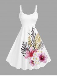 Plus Size Flowers Tropical Leaf Print Hawaii Tank Dress -  