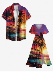 Coconut Tree Sun Seascape Colorful Cloud Print Plus Size Matching Hawaii Beach Outfit For Couples -  