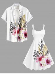 Flowers Tropical Leaf Print Plus Size Matching Hawaii Beach Outfit For Couples -  