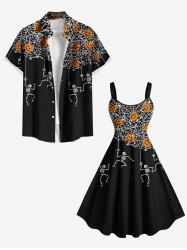 Tenue d'Halloween grande taille à imprimé squelette et citrouille, idéale pour les couples - Noir 