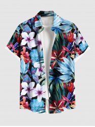 Plus Size Flowers Leaf Tropical Print Buttons Pocket Hawaii Shirt For Men -  