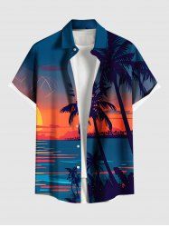 Chemise hawaïenne grande taille à boutons et poches, imprimé cocotiers, soleil et paysage marin, pour homme - Bleu 5XL