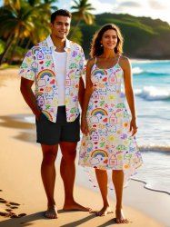 Rainbow House Sun Cloud Flowers Stick Figure Print Plus Size Matching Hawaii Beach Outfit For Couples -  