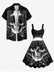 Tenue d'Halloween grande taille à imprimé géométrique et motif cachemire et tête de mort pour couple - Noir 