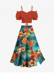 Solid Cinched Top and Tropical Leaf Hibiscus Flower Print Hawaii Split A Line Skirt Plus Size Matching Set -  