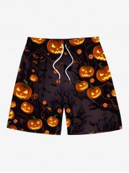 Plus Size Pumpkin Lantern Branch Print Halloween Drawstring Pocket Beach Shorts For Men -  