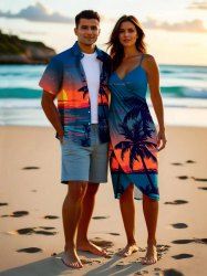 Coconut Tree Sun Seascape Print Plus Size Matching Hawaii Beach Outfit For Couples -  