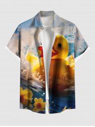 Plus Size Cute Duck Sea Waves Flower Print Hawaii Button Pocket Shirt For Men -  