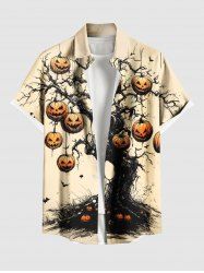Plus Size Halloween Pumpkin Tree Bat Print Buttons Pocket Shirt For Men -  