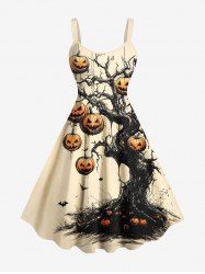 Plus Size Halloween Pumpkin Tree Bat Print Tank Dress -  