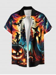 Plus Size Pumpkin Lantern Skull Wizard Bat Castle Moon Print Halloween Button Pocket Shirt For Men -  