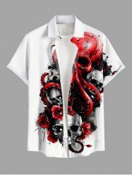 Plus Size Ink Painting Skull Octopus Flower Print Halloween Button Pocket Shirt For Men -  