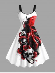 Robe trapèze grande taille à imprimé tête de mort, poulpe et fleurs pour Halloween - Blanc 2X