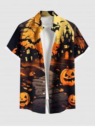 Plus Size Pumpkin Bat Tree Castle Print Halloween Button Pocket Shirt For Men -  