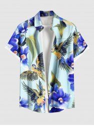 Chemise hawaïenne grande taille à imprimé hibiscus, feuilles, perroquets et boutons avec poche pour homme - Bleu Ciel M