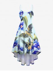 Robe camisole asymétrique grande taille à imprimé perroquet et fleurs d'hibiscus et feuilles Hawaï - Bleu clair 2X