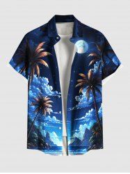 Chemise hawaïenne grande taille à imprimé cocotiers, nuages, lune et galaxie, avec poches boutonnées, pour homme - Bleu Ciel S