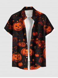 Plus Size Pumpkin Lantern House Print Halloween Button Pocket Shirt For Men -  