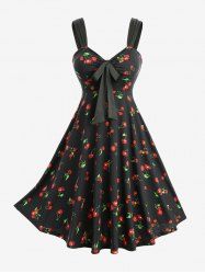 Cherry Leaf Print Tie Bowknot Ruched Panel Tank Dress -  