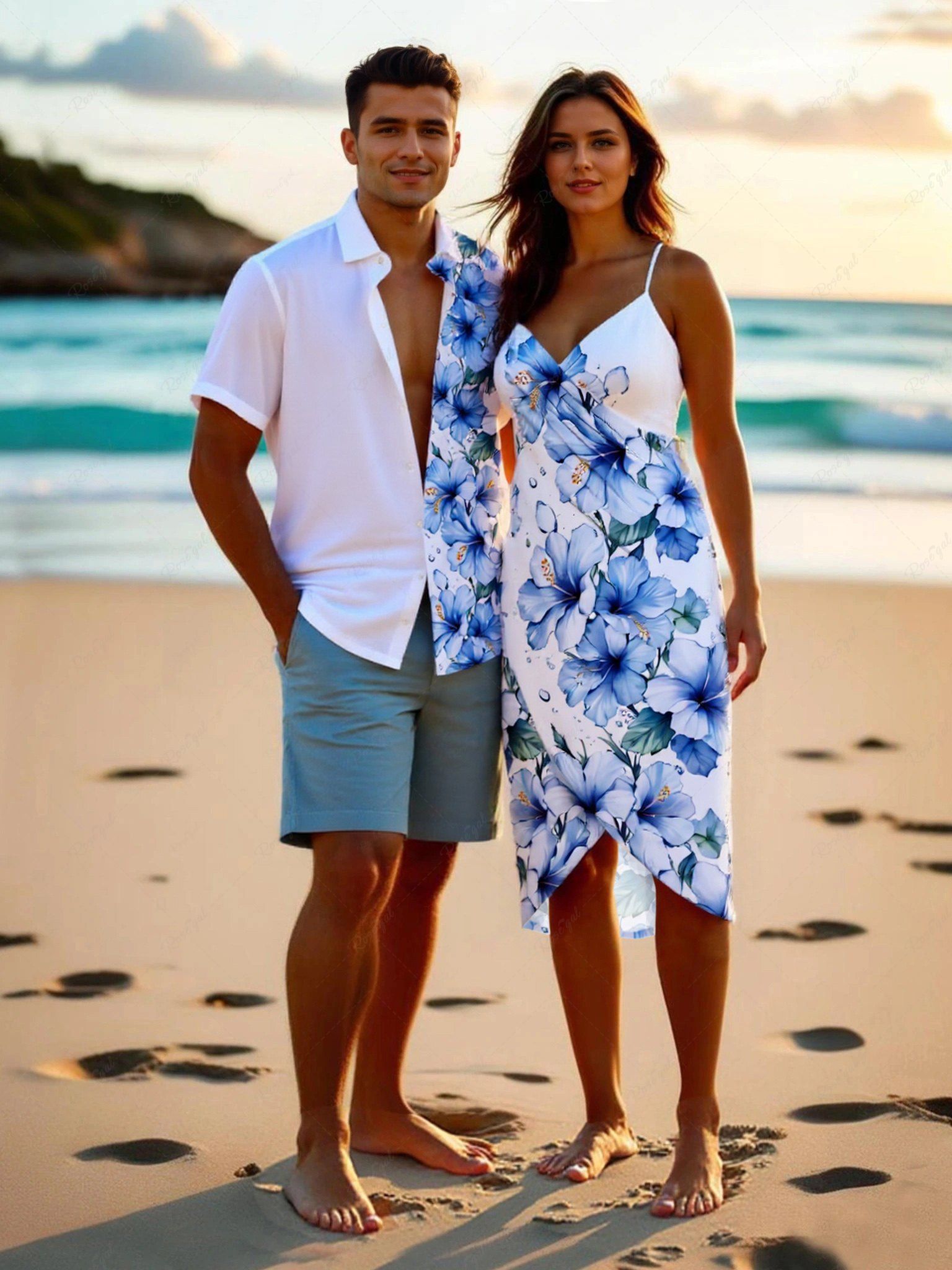 Hot Hibiscus Flower Leaf Print Plus Size Matching Hawaii Beach Outfit For Couples  