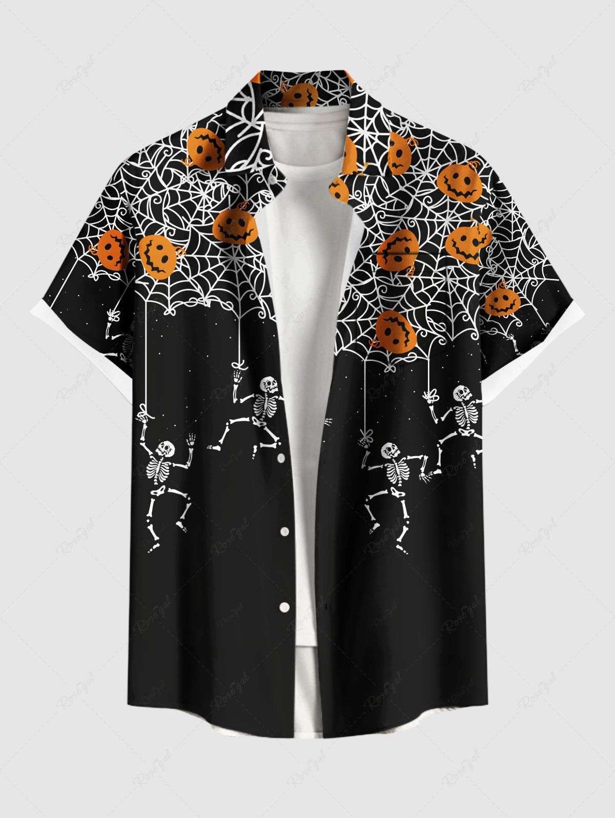 Chemise grande taille à boutons et poches pour homme, motif squelette, citrouille, toile d'araignée, Halloween Noir 2XL