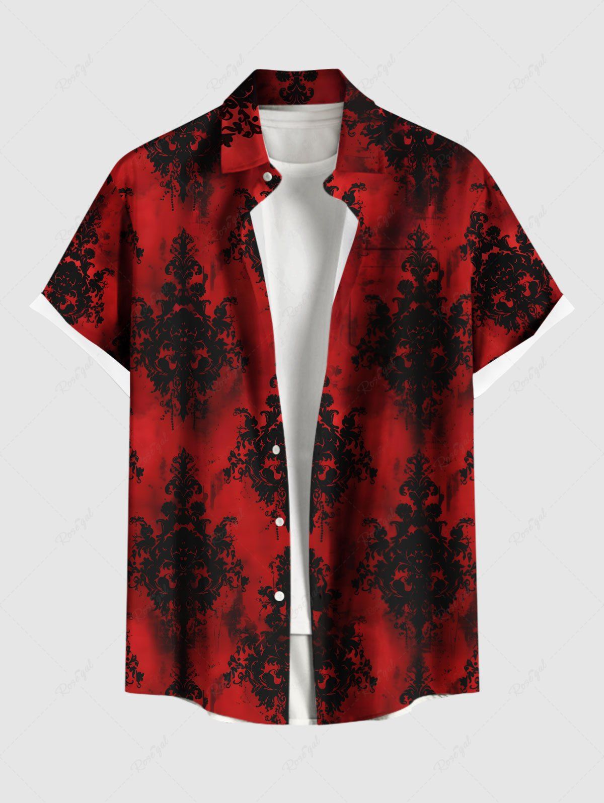 Chemise grande taille à imprimé floral tie-dye avec poches et boutons pour homme Rouge 5XL