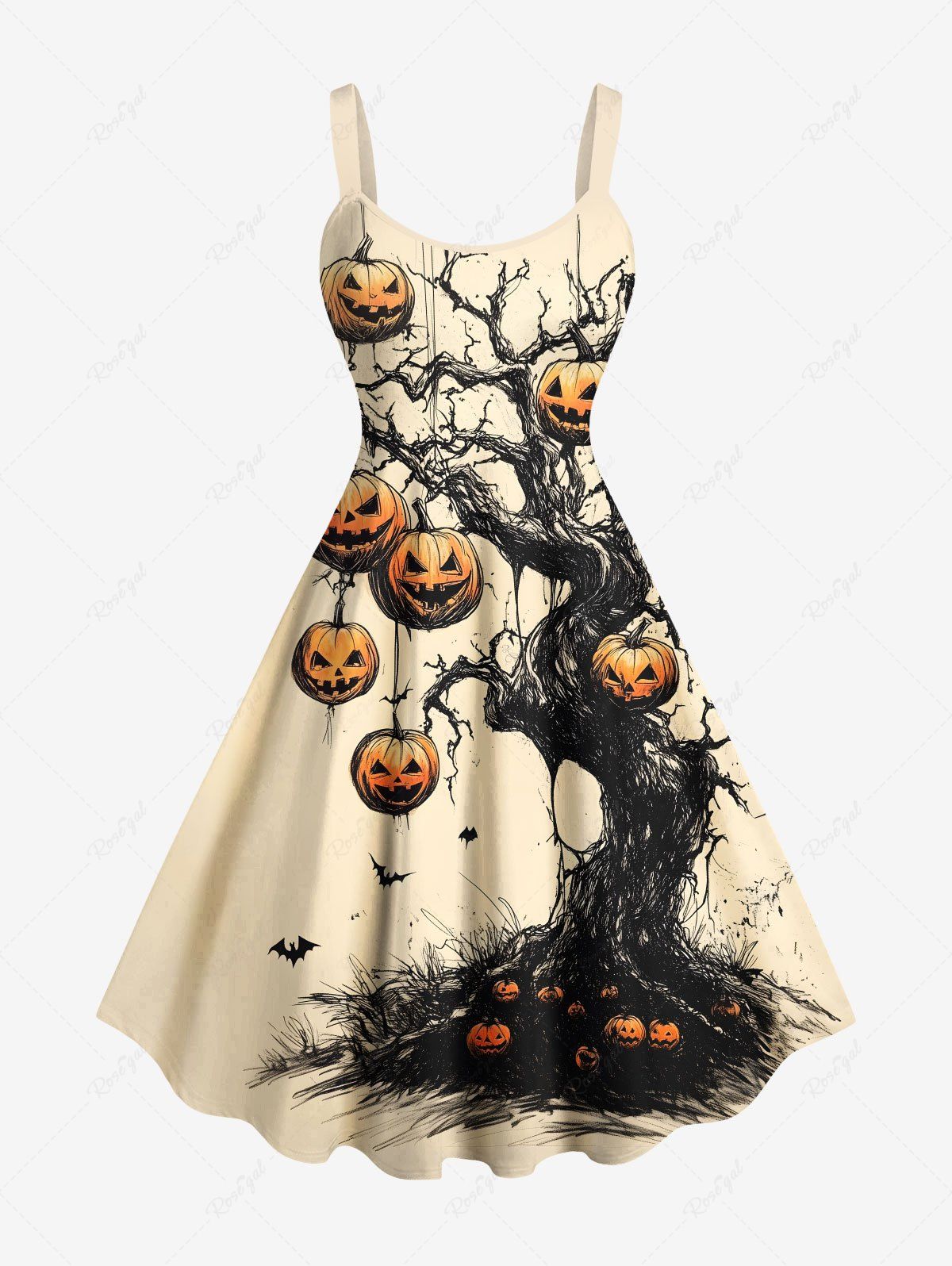 Outfits Plus Size Halloween Pumpkin Tree Bat Print Tank Dress  