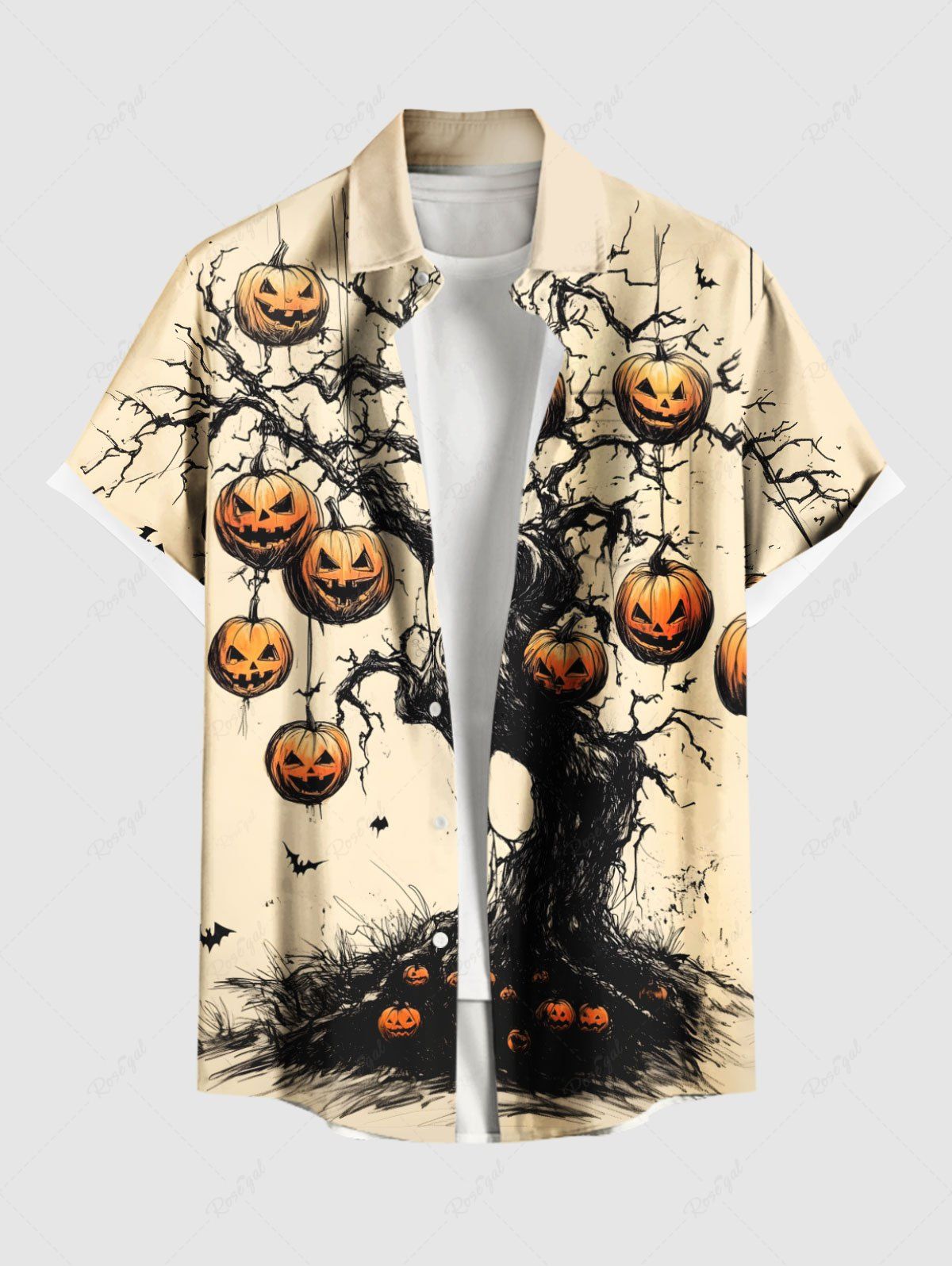 Chemise grande taille à boutons et poches pour homme, motif citrouille d'Halloween, chauve-souris Abricot 5XL