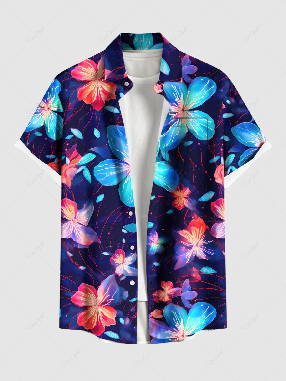 Chemise hawaïenne grande taille à fleurs et paillettes, imprimé 3D, boutons et poches, pour homme Noir 2XL