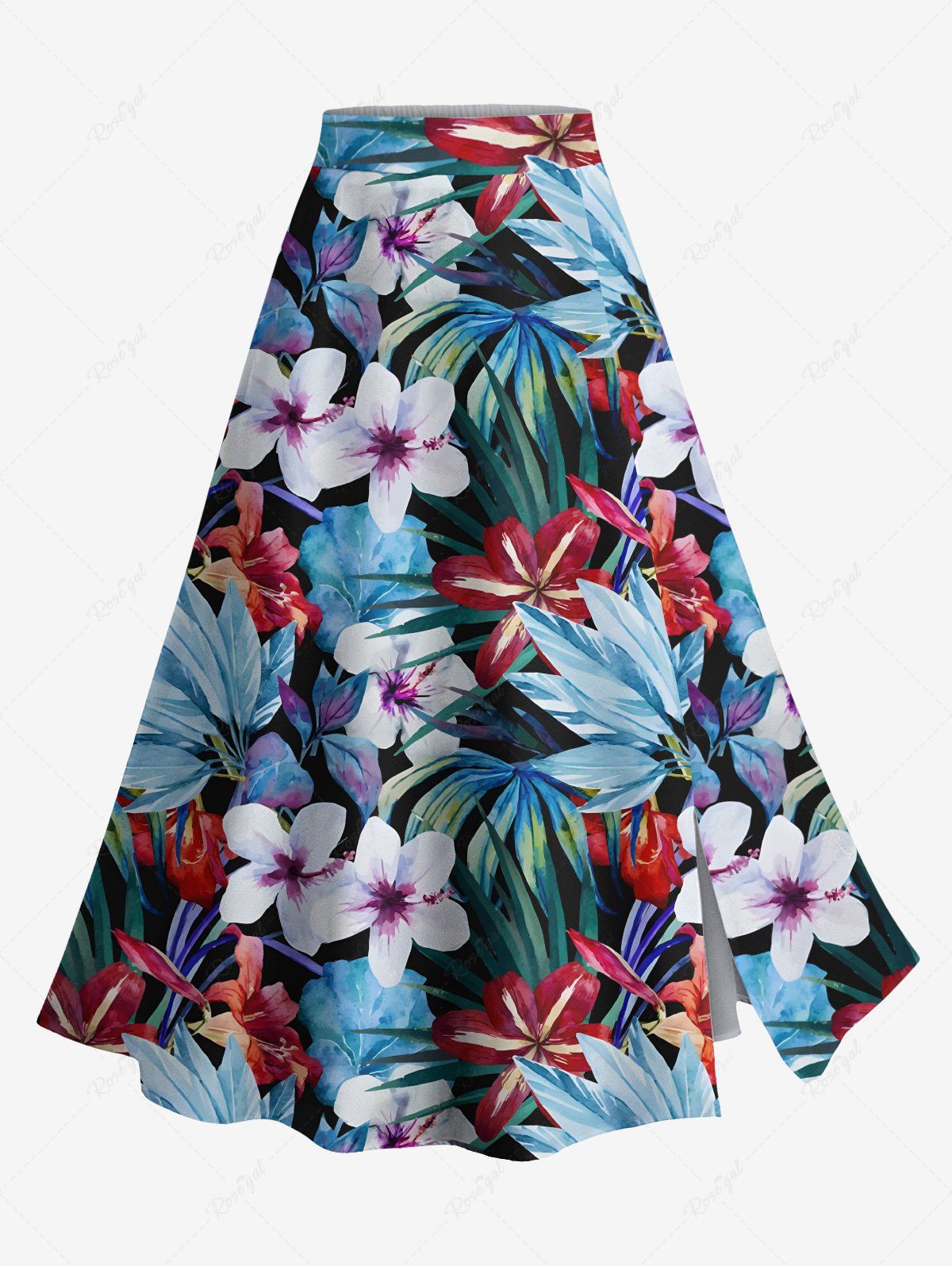 Jupe hawaïenne fendue à imprimé tropical et fleurs grande taille Noir XS